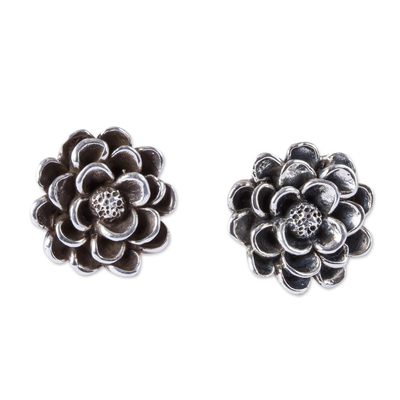 Taxco Sterling Silver Dahlia Flower Button Earrings