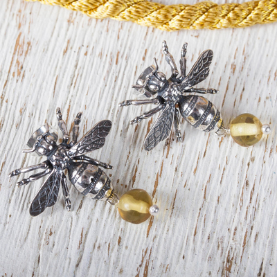 Amber dangle earrings, 'Worker Bees' - Bee-Themed Amber Dangle Earrings from Mexico