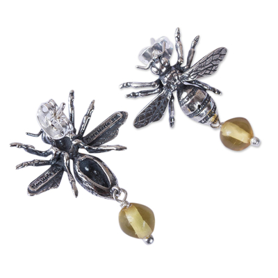 Amber dangle earrings, 'Worker Bees' - Bee-Themed Amber Dangle Earrings from Mexico