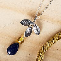 Lapis lazuli and amber pendant necklace, 'Indigo Foliage' - Leafy Lapis Lazuli and Amber Pendant Necklace from Mexico