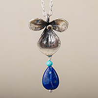 Lapis lazuli and turquoise pendant necklace, 'Indigo Flower' - Floral Lapis Lazuli and Turquoise Pendant Necklace