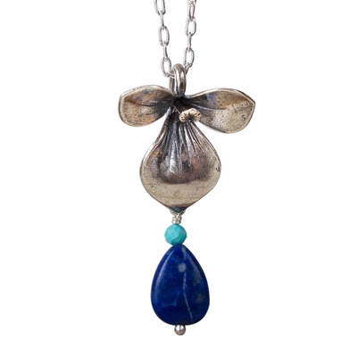 Floral Lapis Lazuli and Turquoise Pendant Necklace