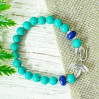 Leafy Turquoise and Lapis Lazuli Beaded Bracelet from Mexico,'Indigo Foliage'
