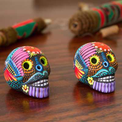Ceramic figurines, 'Day of the Dead Color' (pair) - Hand-Painted Ceramic Skull Figurines from Mexico (Pair)
