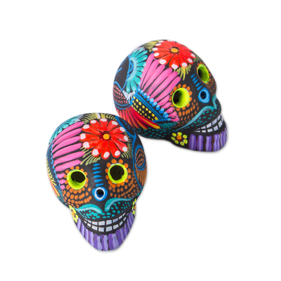 Ceramic figurines, 'Day of the Dead Color' (pair) - Hand-Painted Ceramic Skull Figurines from Mexico (Pair)