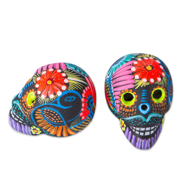 Ceramic figurines, 'Day of the Dead colour' (pair) - Hand-Painted Ceramic Skull Figurines from Mexico (Pair)
