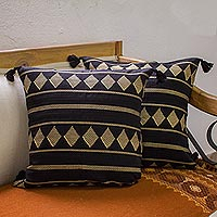 Cotton cushion covers, 'Highlands Night' (pair) - 2 Black and Beige Handwoven Embroidered Cushion Covers