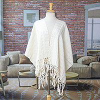 Cotton scarf, 'Luscious in Ivory' - Backstrap Loom Handwoven Ivory Cotton Scarf from Mexico