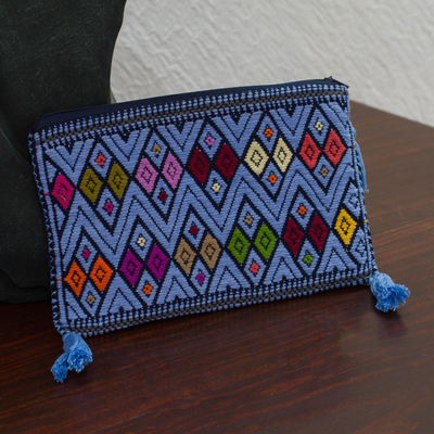 Cotton cosmetic bag, 'Colorful Sea' - Sky Blue and Multicolored Cotton Cosmetic Bag from Mexico
