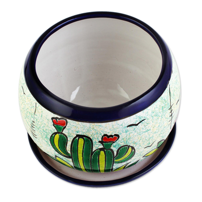 Ceramic flower pot, 'Mexican Memories' - Handcrafted Ceramic Flower Pot with Cactus Images