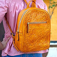 Leather backpack, 'Floral Artisan in Saffron' - Floral Pattern Leather Backpack in Saffron from Mexico