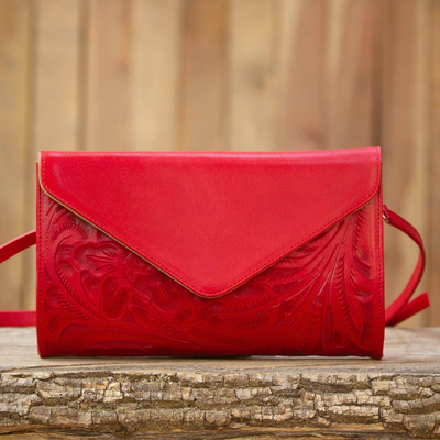 Leather sling, 'Historic Floral in Crimson' - Floral Pattern Leather Handbag in Crimson from Mexico