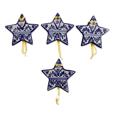 Ceramic ornaments, 'Artisanal Stars' (set of 4) - Blue Ceramic Star Ornaments from Mexico (Set of 4)