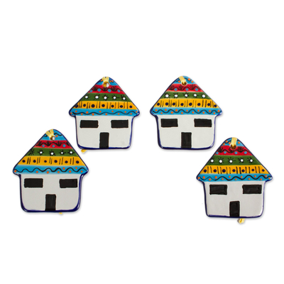 Ceramic ornaments, 'Colorful House' (set of 4) - Colorful Talavera-Style Ceramic Ornaments (Set of 4)