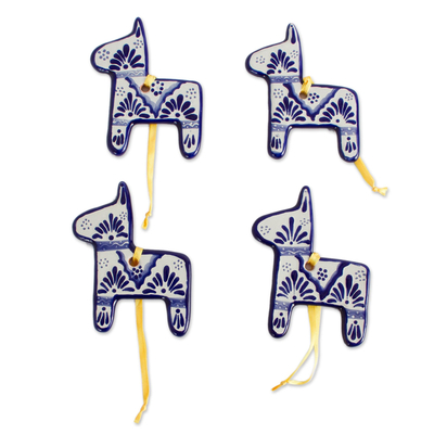 Blue and White Ceramic Donkey Ornaments (Set of 4)