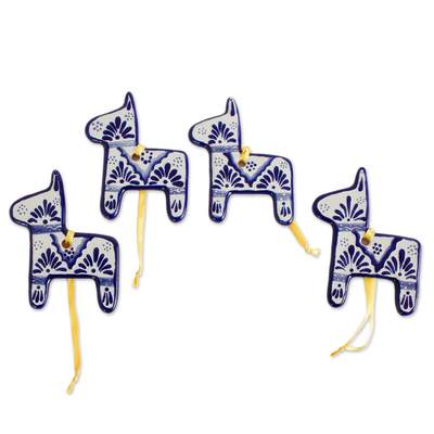 Keramische Ornamente, 'Talavera-Esel' (4er-Satz) - Blau-weiße keramische Esel-Ornamente (4er-Set)