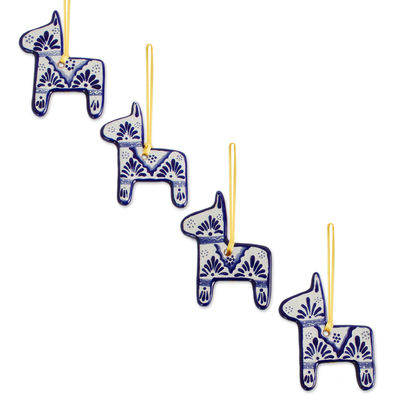 Ceramic ornaments, 'Talavera Donkeys' (set of 4) - Blue and White Ceramic Donkey Ornaments (Set of 4)