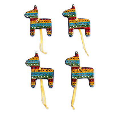 Keramische Ornamente, 'Bunte Esel' (4er-Satz) - Bunte keramische Esel-Ornamente aus Mexiko (4er-Satz)