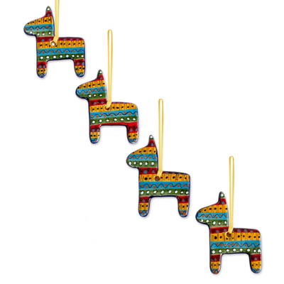 Ceramic ornaments, 'Colorful Donkeys' (set of 4) - Colorful Ceramic Donkey Ornaments from Mexico (Set of 4)