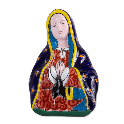 Ceramic wall sculpture, 'Praying Mary' - Hand-Painted Talavera-Style Ceramic Mary Wall Sculpture