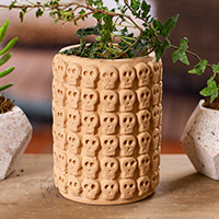 Ceramic flower pot, 'Rows of Skulls' - Skull Pattern Ceramic Flower Pot from Mexico