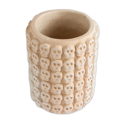 Ceramic flower pot, 'Rows of Skulls' - Skull Pattern Ceramic Flower Pot from Mexico
