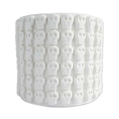 Ceramic flower pot, 'Rows of White Skulls' - White Skull Pattern Ceramic Flower Pot from Mexico