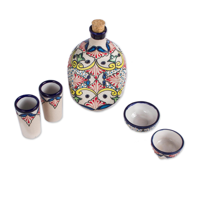 Ceramic tequila set, 'Talavera Beverage' (5 piece) - 5-Piece Talavera-Style Ceramic Tequila Set from Mexico