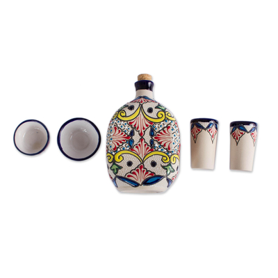 Ceramic tequila set, 'Talavera Beverage' (5 piece) - 5-Piece Talavera-Style Ceramic Tequila Set from Mexico