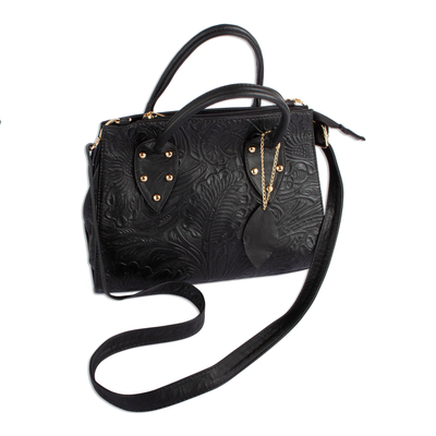 Leather handbag, 'Mod Floral' - Floral Pattern Leather Handbag in Black from Mexico