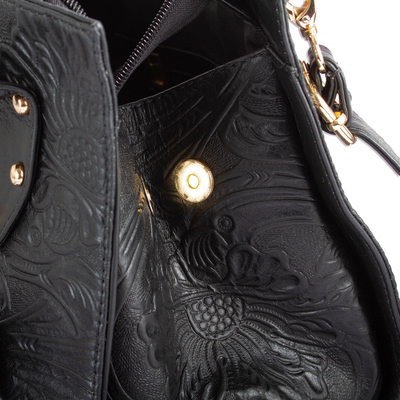 Leather handbag, 'Mod Floral' - Floral Pattern Leather Handbag in Black from Mexico