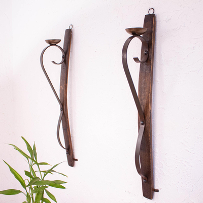 Iron and wood wall sconces, Rustic Light (pair)