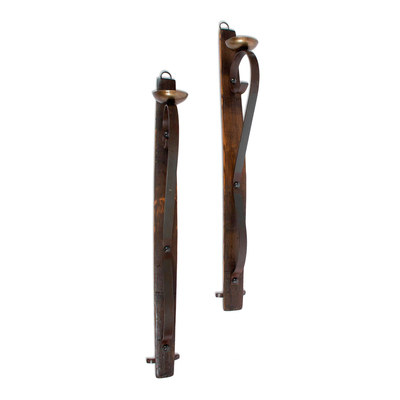 Iron and wood wall sconces, 'Rustic Light' (pair) - Rustic Barrel Stave Wall Sconces from Mexico (Pair)