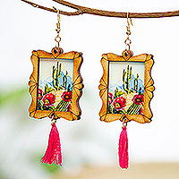 Wood dangle earrings, 'Saguaro Scene' - Handcrafted Cactus Scene Wood Frame Dangle Earrings