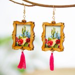 Wood dangle earrings, 'Saguaro Scene' - Handcrafted Cactus Scene Wood Frame Dangle Earrings