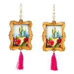 Wood dangle earrings, 'Saguaro Scene' - Handcrafted Cactus Scene Wood Frame Dangle Earrings