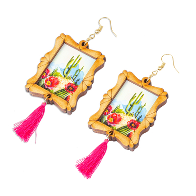 Wood dangle earrings, 'Saguaro Scene' - Handcrafted Cactus Scene Wood Frame Dangle Earrings