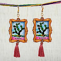 Wood dangle earrings, 'Prickly Pear' - Handcrafted Prickly Pear Cactus Wood Frame Dangle Earrings