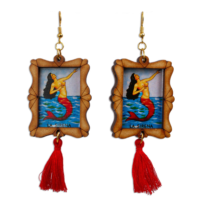 Wood dangle earrings, 'Siren Call' - Handcrafted Mermaid Wood Frame Dangle Earrings with Tassels