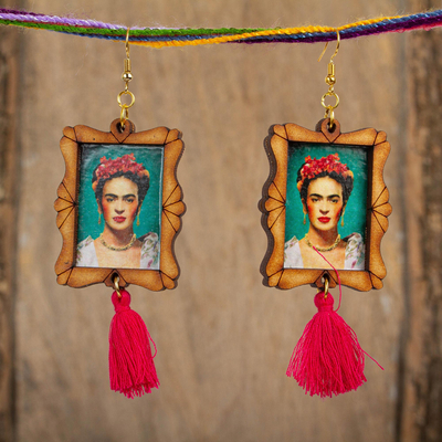 Ohrhänger aus Holz - Handgefertigte Frida-Kahlo-Bild-Ohrringe mit Holzrahmen