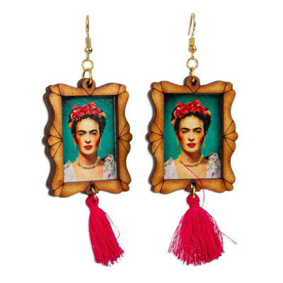 Wood dangle earrings, 'Frida's Strength' - Handcrafted Frida Kahlo Image Wood Frame Dangle Earrings
