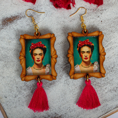 Wood dangle earrings, 'Frida's Strength' - Handcrafted Frida Kahlo Image Wood Frame Dangle Earrings