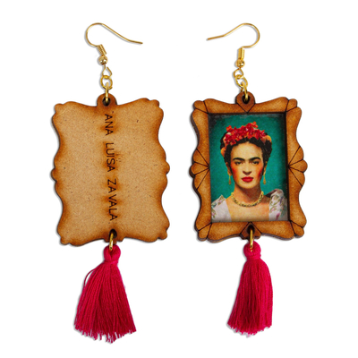 Ohrhänger aus Holz - Handgefertigte Frida-Kahlo-Bild-Ohrringe mit Holzrahmen