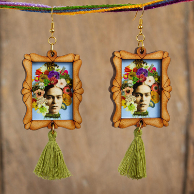Wood dangle earrings, 'Frida Adorned' - Handcrafted Frida Kahlo and Flowers Wood Dangle Earrings