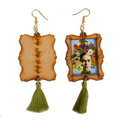 Wood dangle earrings, 'Frida Adorned' - Handcrafted Frida Kahlo and Flowers Wood Dangle Earrings