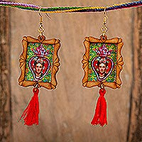 Wood dangle earrings, 'Frida's Heart' - Handcrafted Frida Kahlo in Sacred Heart Wood Dangle Earrings