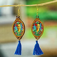 Wood dangle earrings, 'Frida with Roses' - Handcrafted Frida Kahlo Wood Dangle Earrings Blue Tassels