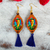 Wood dangle earrings, 'Frida with Roses' - Handcrafted Frida Kahlo Wood Dangle Earrings Blue Tassels
