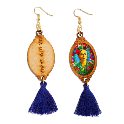 Wood dangle earrings, 'Frida with Roses' - Handcrafted Frida Kahlo Wood Dangle Earrings Blue Tassels