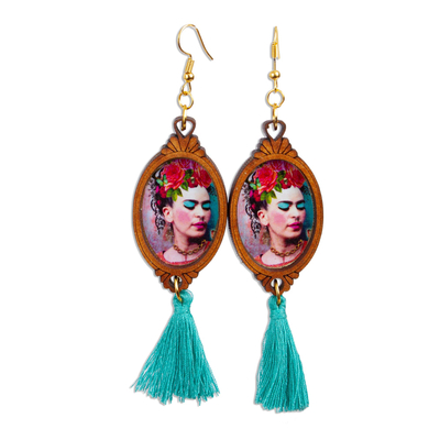 Wood dangle earrings, 'Brilliant Frida' - Handcrafted Frida Kahlo Wood Dangle Earrings Aqua Tassels